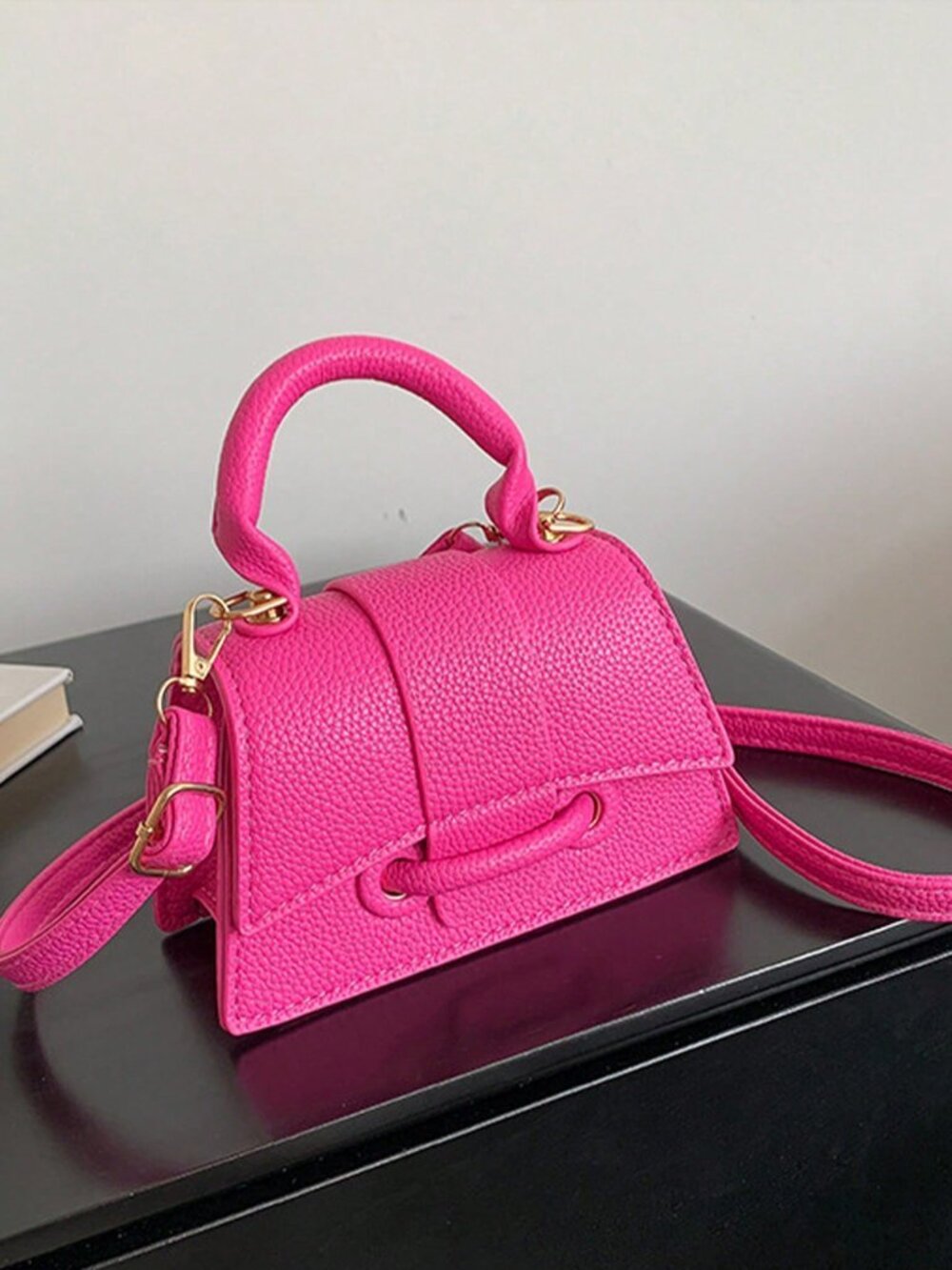 Hot Pink Checkered Women's Crossbody Bag with Adjustable Strap - Picture 6 of 6
